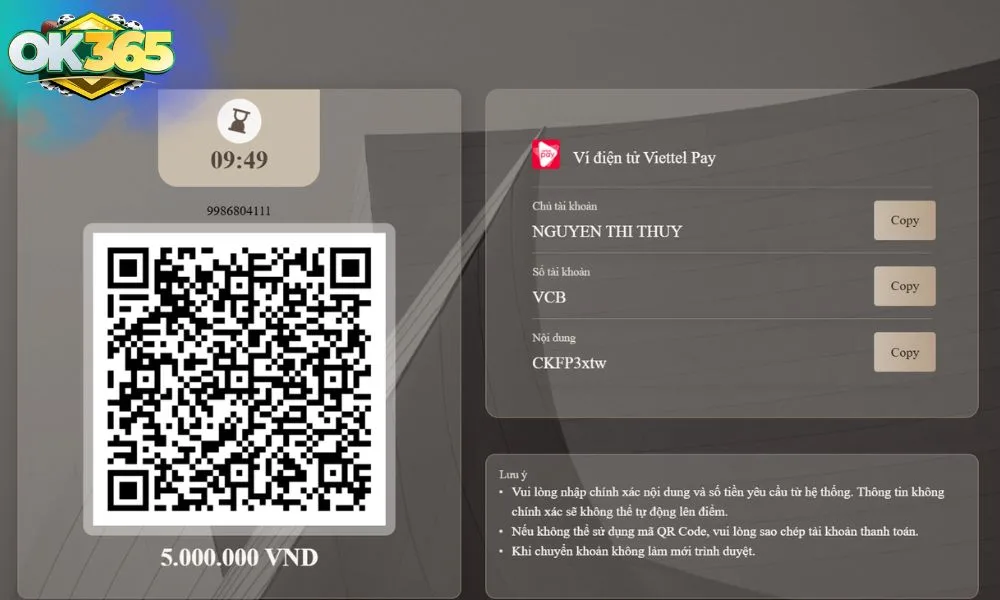 Nạp tiền qua ViettePay rất dễ dàng